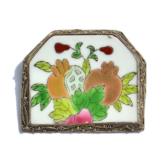 Vintage Chinese Pomegranate Porcelain Shard Brooch - Picture 1 of 10